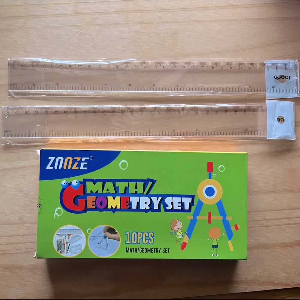 🆕10pc Math Geometry Set + 2 Rulers
